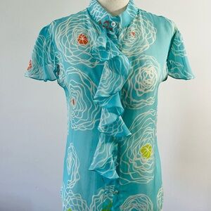Thompson Aqua Swirl Ruffle Blouse